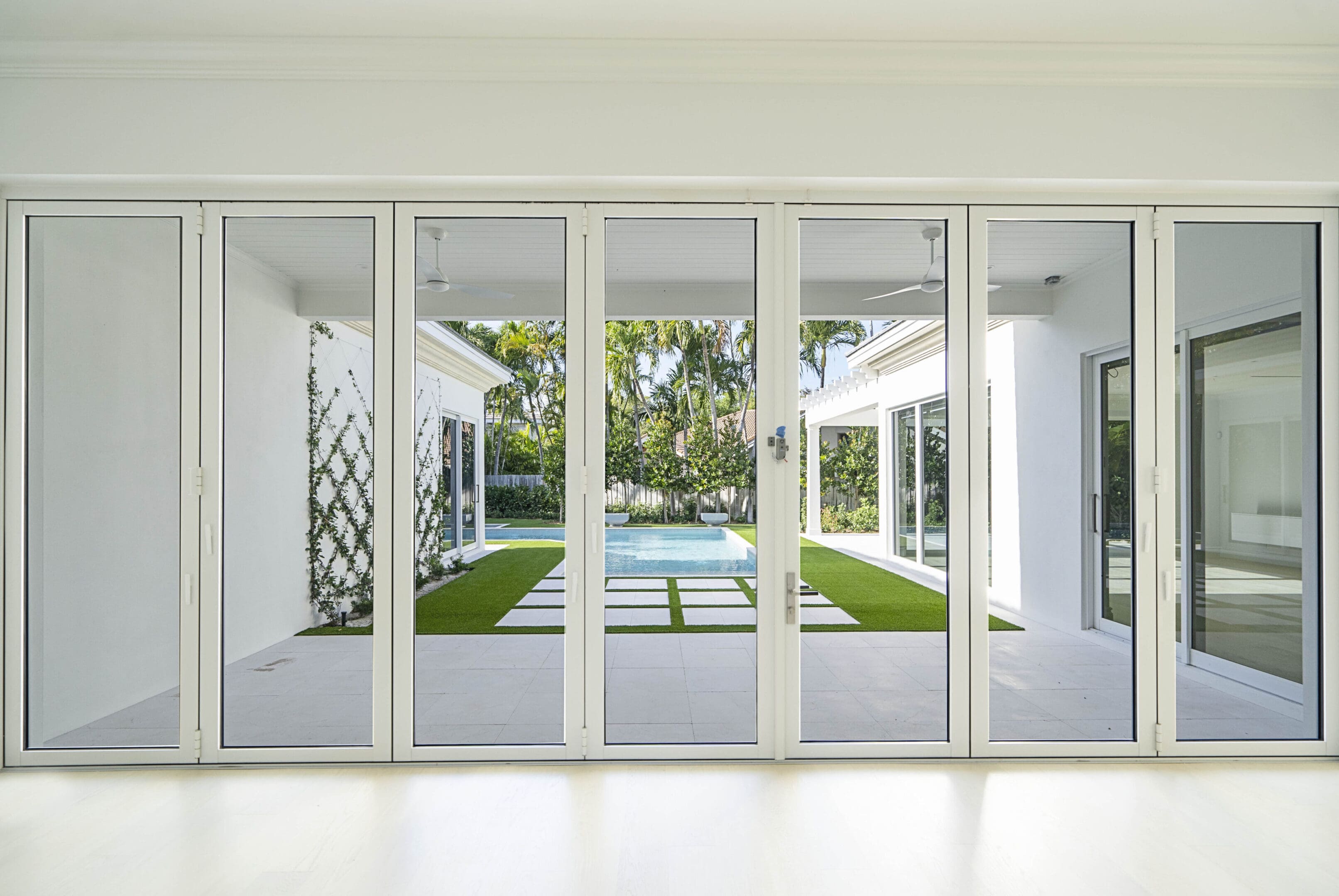 A large open door leading to an outside patio.